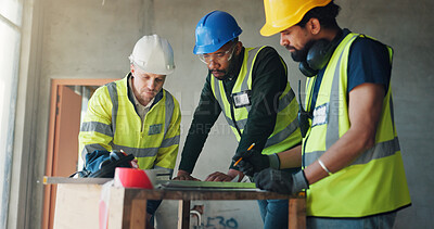 Buy stock photo Meeting, team and people at construction site with blueprint, building project and feedback. Architecture, engineering and men in discussion for planning, renovation and infrastructure collaboration