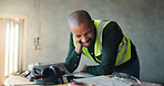 Construction, building and black man with neck pain, accident and workplace injury for stress. Contractor, architecture and person with strain, tension and hurt for mistake, burnout and posture