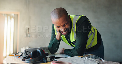 Buy stock photo Construction, building and black man with neck pain, accident and workplace injury for stress. Contractor, architecture and person with strain, tension and hurt for mistake, burnout and posture