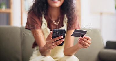 Buy stock photo Credit card, phone and hands of woman on sofa in home for online shopping, ecommerce or purchase. Technology, order and person with internet banking for payment on cellphone in living room at house.