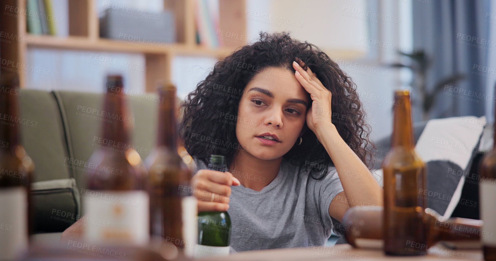 Buy stock photo Woman, wine and stress in home with alcohol addiction, mental health crisis and thinking. Bottle, person with depression and headache with hangover, trauma and drinking regret in living room