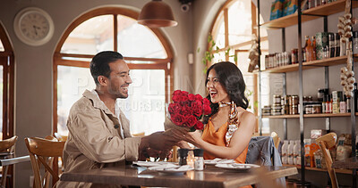 Buy stock photo Couple, surprise and roses in restaurant, date and relationship commitment with present and romance. Anniversary, celebration and happy for flower bouquet, shocked woman and bonding with man in diner