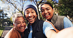 Portrait, selfie and smile of volunteer people outdoor together for charity or community service. Happy, photograph and teamwork with friends in park for activism, donation or non profit project