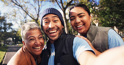 Buy stock photo Portrait, selfie and smile of volunteer people outdoor together for charity or community service. Happy, photograph and teamwork with friends in park for activism, donation or non profit project