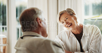 Buy stock photo Old woman, relax and laugh at house with couple, love and partner support for bonding together. Smile, senior people or rest in home with humor, comfortable and healthy relationship for weekend break