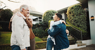 Buy stock photo Hug, real estate and smile with family at new home together for celebration or relocation. Congratulations, couple and senior parents in backyard of apartment for property investment or purchase