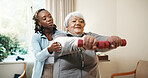 Physio, advice and old woman in clinic with dumbbells, exercise or support for injury rehabilitation. Senior person, healthcare worker and guide with weights for fitness, wellness or physical therapy
