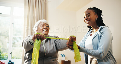 Buy stock photo Physio, help and old woman in clinic with resistance band, mobility workout and injury rehabilitation. Happy, healthcare worker and senior person with physical therapy equipment, support or wellness.