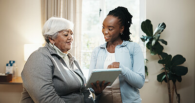 Buy stock photo Happy, old woman and physiotherapist with tablet in home for review, support or wellness. App, pointing and senior patient with chiropractor in apartment for feedback, recovery or rehabilitation