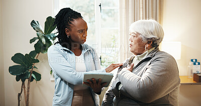 Buy stock photo Old woman, shoulder pain and physiotherapist with tablet in home for concern, feedback or review. App, check and chiropractor with senior patient in apartment for healing, injury or rehabilitation