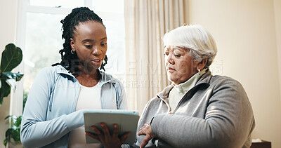 Buy stock photo Feedback, old woman and physiotherapist with tablet in home for results or review. App, conversation and senior patient with chiropractor in apartment for recovery update, rehabilitation or report