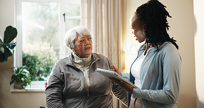 Buy stock photo Chatting, old woman and physiotherapist with tablet in home for feedback, review or update. App, conversation and senior patient with chiropractor in apartment for discussion or recovery results