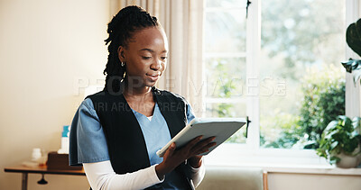 Buy stock photo Healthcare, woman and nurse with tablet in home for homecare schedule, wellness report or email. Tech, caregiver and African person in house for medical records, information or online research