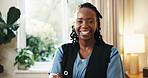 Black woman, crossed arms and portrait of nurse in house with confidence for career in medical support. Professional, happy and healthcare worker with pride for about us at nursing job in home.