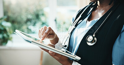 Buy stock photo Doctor, hands and scroll in hospital with tablet, medical research and app for telehealth chatbot. Healthcare worker, woman and typing in clinic with tech, website and AI innovation for admin tasks.