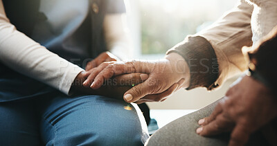 Buy stock photo Empathy, caregiver and holding hands with old woman in home for encouragement, connection or support. Kindness, hope or nurse with person for comfort, medical trust or retirement wellness in homecare