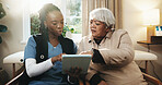Nurse, tablet and talking with old woman in home for diagnosis, medical results or review. App, healthcare and senior patient with caregiver in apartment for feedback, recovery or rehabilitation
