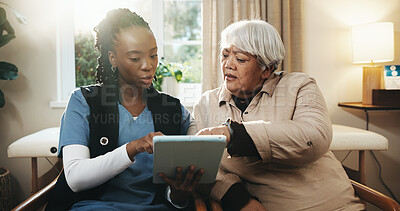 Buy stock photo Nurse, tablet and talking with old woman in home for diagnosis, medical results or review. App, healthcare and senior patient with caregiver in apartment for feedback, recovery or rehabilitation
