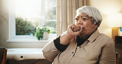 Buy stock photo Sick, cough and senior woman in house with viral infection, flu or chronic illness in living room. Hayfever, bronchitis and elderly person in retirement with cold, lung disease or chest discomfort.
