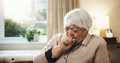 Buy stock photo Sick, cough and senior woman in home with viral infection, flu or chronic illness in living room. Hayfever, bronchitis and elderly person in retirement with cold, lung disease or chest discomfort.