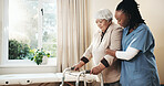Physio, exercise and old woman in clinic with walker, healthcare support or stroke rehabilitation. Medical worker, help and senior person in appointment with mobility aid, healing or injury recovery.