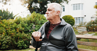 Buy stock photo Senior, man and think with cane outdoor, retirement with balance aid or serious reflection on bench. Pensioner, memory or nostalgia for past perspective, relax in nature or walking stick for mobility