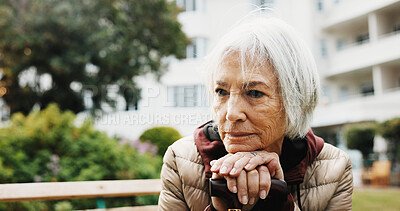 Buy stock photo Senior, woman thinking and retirement outdoor with walking stick, balance aid and space for reflection. Pensioner, memory or nostalgia for past perspective, relax in nature or cane for mobility