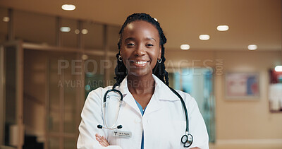 Buy stock photo Black woman, portrait and happy in healthcare with doctor in hospital, medical help and ambitious surgeon in lobby. Pride, confidence and female person with health profession, empowerment and career
