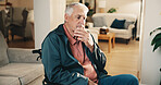 Thinking, serious and senior man in wheelchair at house with memory, remember or planning retirement. Choice, decision and elderly person with disability in living room with reflection or nostalgia.