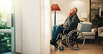 Senior, man and thinking on wheelchair in home for nostalgia, past moment or memory. Thoughtful, elderly or male person with a disability by window for vision, reminisce or daydreaming in house