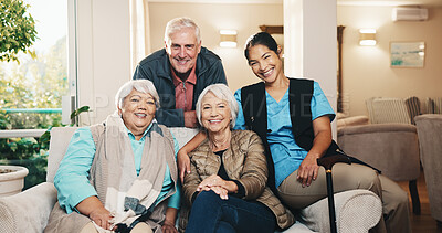 Buy stock photo Support, nurse or old people in retirement home with portrait, bonding or happy moment on sofa. Smile, caregiver or senior friends with hug, loving relationship or patient connection in elderly care.