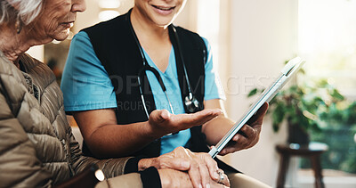 Buy stock photo Caregiver, tablet and senior woman on sofa with conversation, support or consultation in nursing home. Homecare, old person and nurse with healthcare, feedback and checkup review in living room