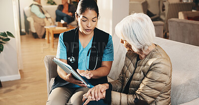 Buy stock photo Nurse, tablet and senior woman on sofa with conversation, support or consultation in nursing home. Homecare, old person and caregiver with healthcare, feedback and checkup review in living room
