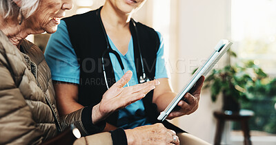 Buy stock photo Hands, tablet and old woman with nurse for conversation, support or consultation in nursing home. Homecare, senior person and caregiver with healthcare, feedback and checkup review in living room