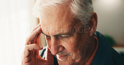 Buy stock photo Senior, man and headache with stress in retirement home for mental health, dementia or alzheimers. Elderly, male person or migraine with sore head, strain or pressure for old age or memory loss