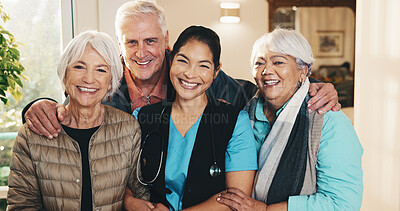 Buy stock photo Love, nurse or old people in retirement home with portrait, bonding or happy moment in lounge. Support, caregiver or senior friends with trust, relationship embrace or connection in elderly care.