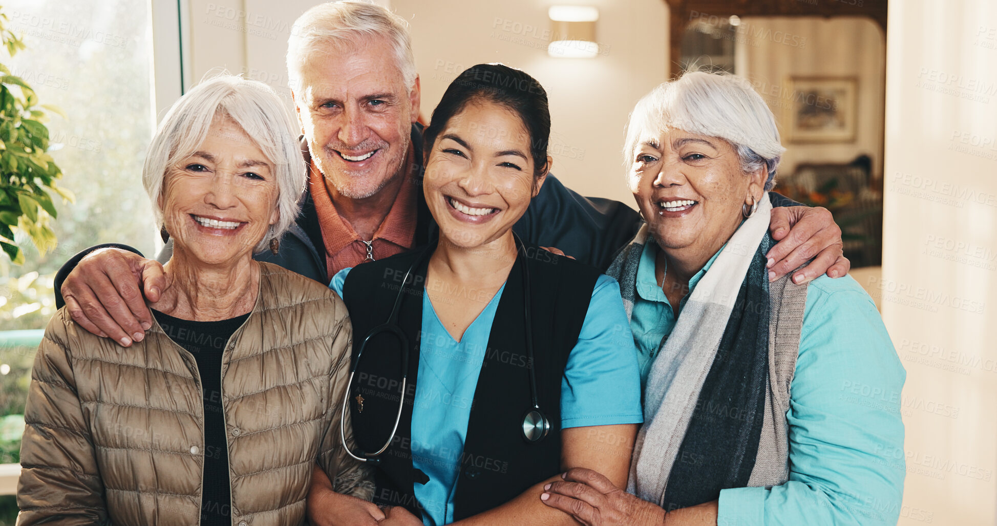 Buy stock photo Love, nurse or old people in retirement home with portrait, bonding or happy moment in lounge. Support, caregiver or senior friends with trust, relationship embrace or connection in elderly care.