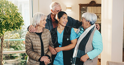Buy stock photo Love, nurse or old people in retirement home with smile, bonding or happy moment in lounge. Support, caregiver or senior friends with trust, relationship embrace or patient connection in elderly care