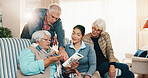Caregiver, old people and reading at house with crossword, word search and quid for healthcare. Nurse, help and senior group in home with sudoku, problem solving and puzzle activity for brain teaser
