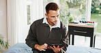 Thinking, clinic and man on tablet for physiotherapy, appointment schedule and medical service. Healthcare, thoughtful and person with tech, stylus and online for physical therapy, report or planning