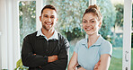 Portrait, physio and team at house with arms crossed, career pride and about us for injury recovery. Smile, people and physiotherapist in lounge with ambition, positive attitude and physical therapy 