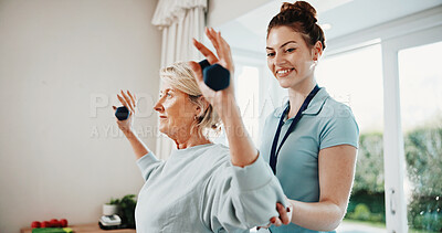 Buy stock photo Happy, dumbbells and senior woman for physiotherapy, rehabilitation and mobility for arthritis. Healthcare, physical therapist and patient with weights for exercise, arm support and muscle strength