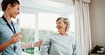 Physio, woman and laugh in clinic with support, medical assistance or funny joke for injury treatment. Happy, mature person and healthcare worker with humor, rehabilitation and physical therapy help.