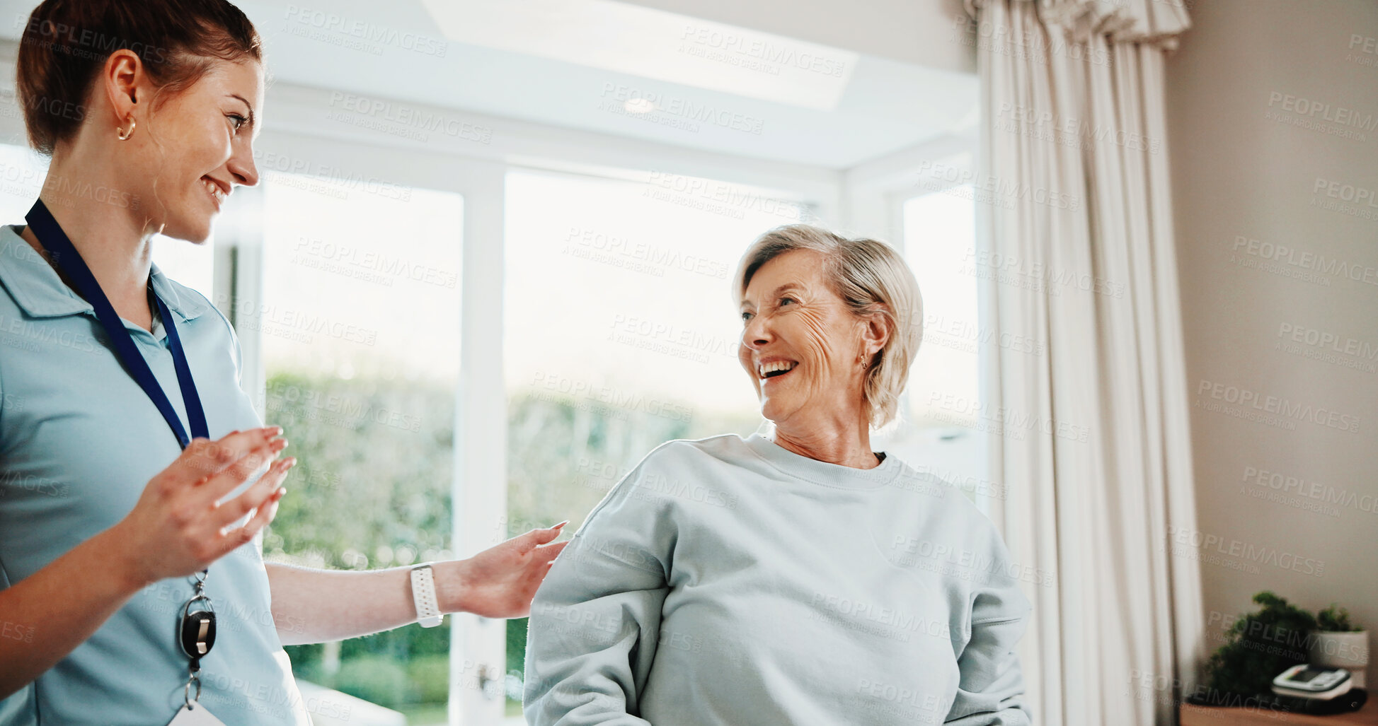Buy stock photo Physio, woman and laugh in clinic with support, medical assistance or funny joke for injury treatment. Happy, mature person and healthcare worker with humor, rehabilitation and physical therapy help.