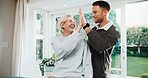 Happy, physiotherapist and woman in office with high five, recovery goals or complete injury treatment. Healthcare worker, mature person and celebration with rehabilitation success, wellness and help