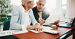 Paperwork, finance and senior couple in home for budget planning, mortgage payment and loan. Marriage, retirement and man with woman for savings, financial report and calculate bills for pension fund