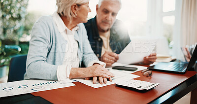 Buy stock photo Paperwork, finance and senior couple in home for budget planning, mortgage payment and loan. Marriage, retirement and man with woman for savings, financial report and calculate bills for pension fund