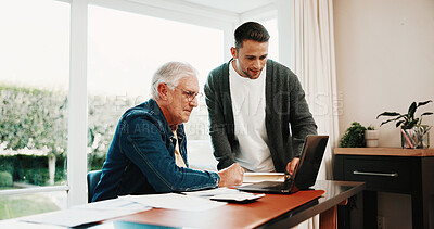 Buy stock photo Man, help and senior father with laptop in house for finance loan, pension application and retirement. Adult son, dad and tech for paperwork, insurance contract and investment of budget planning