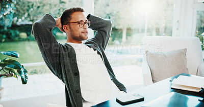 Buy stock photo Stretching, relax and man in home for remote work with satisfaction, break and done with tasks. Freelancer, business and person with calm, rest and happy for project deadline, freedom and finish