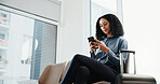 Phone, suitcase and businesswoman in airport with typing, texting or email feedback on finance report. Travel, tech and financial advisor with luggage on cellphone for update on investment review.